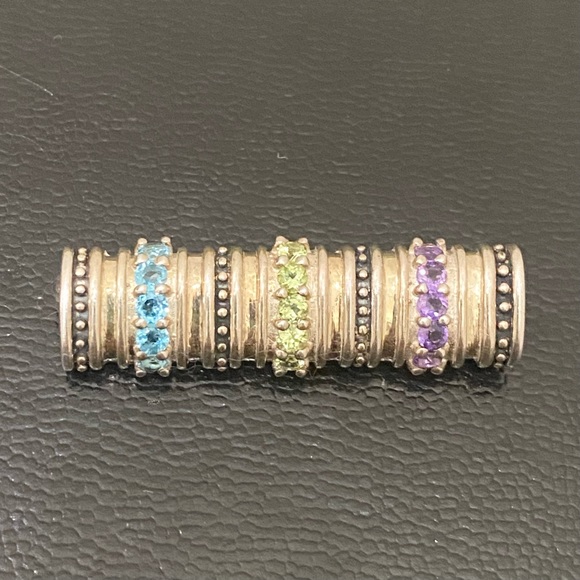 Vintage CID 925 Sterling Signed Amethyst Blue Topaz Peridot Bar Pendant Brooch - Picture 12 of 16